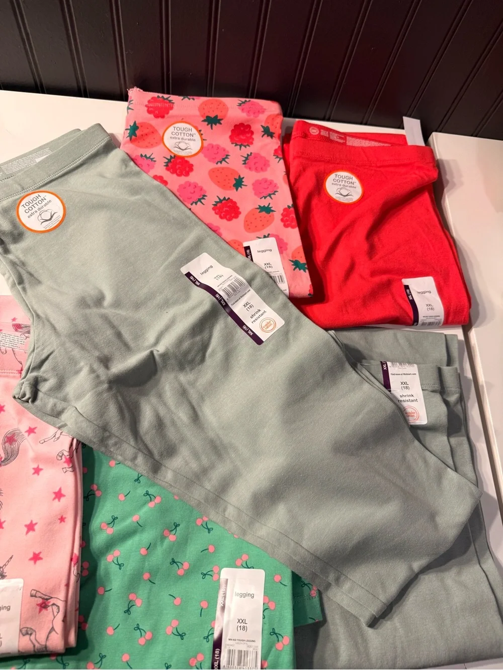 Girls' Tough Cotton Leggings Bundle - Pink, Green, Red, sage, unicorn and strawb